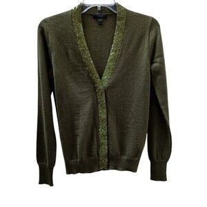 J Crew Cardigan Sweater XS Harlow Olive Green Sequined Merino Wool Quiet Luxury